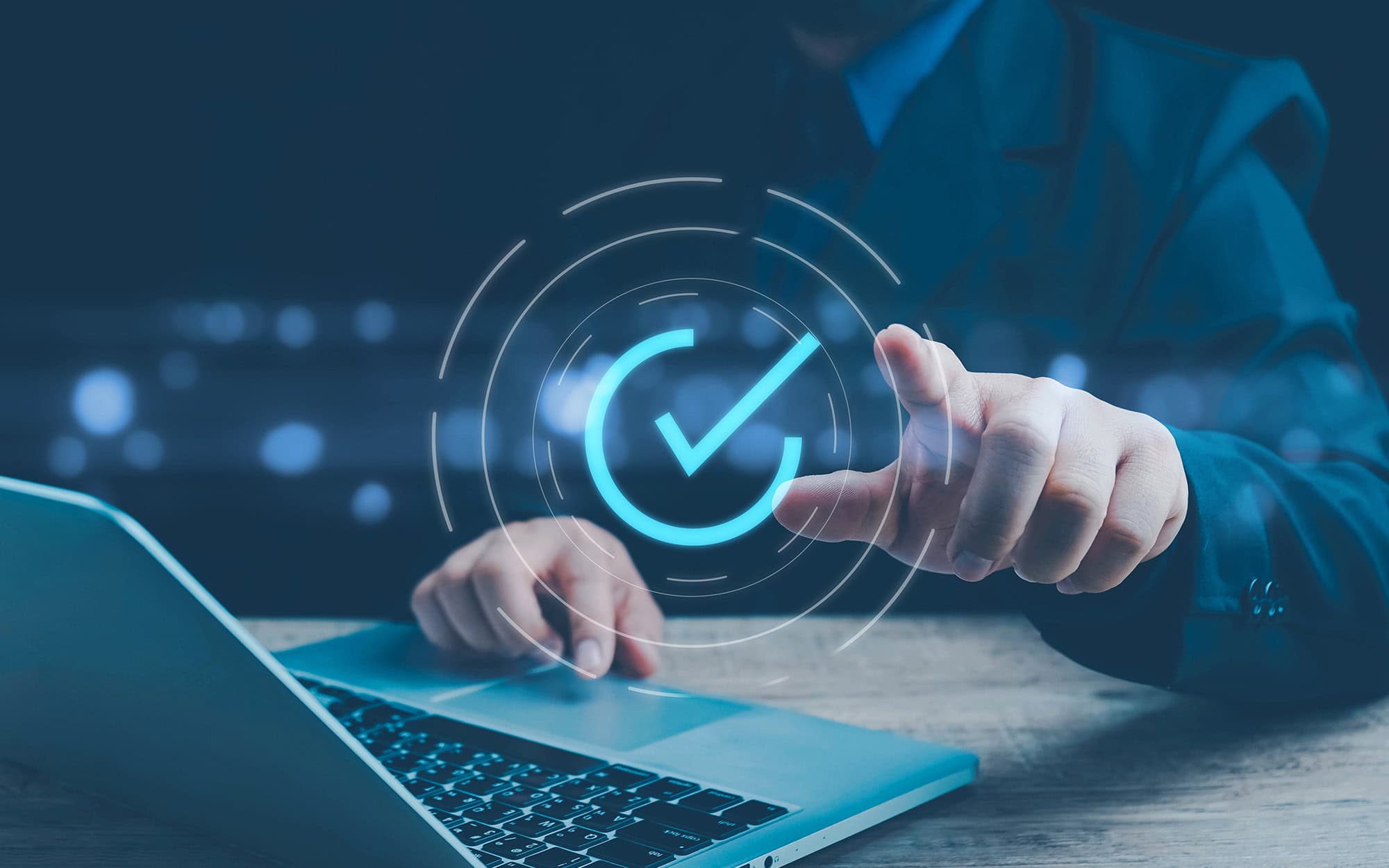 Augmented Checkmark Over Lpatop with Businessman Pointing