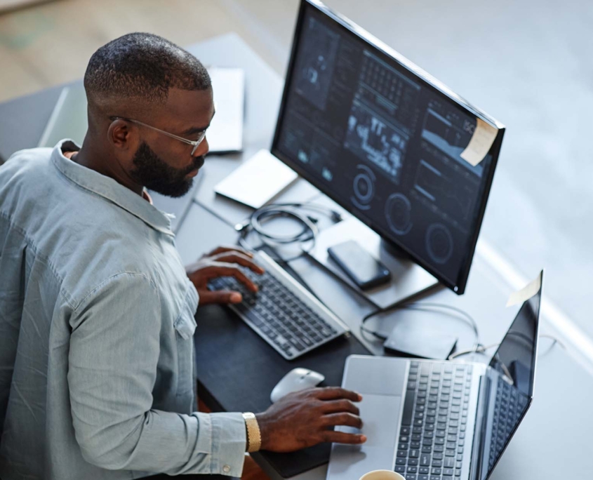 Professional checking information on office computer