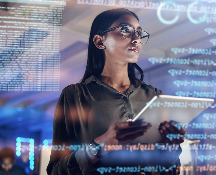 coding hologram and woman on tablet thinking of data analytics coding hologram and woman on tablet thinking of data analytics